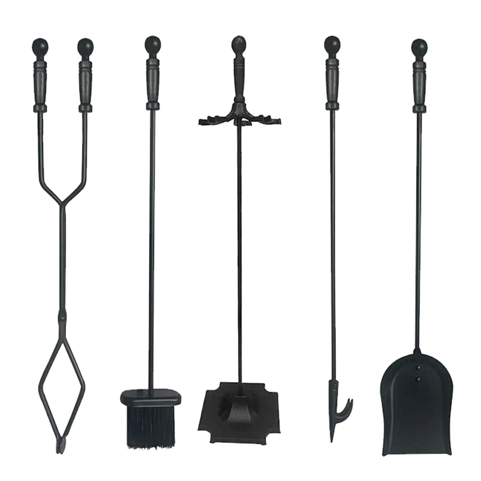 Juego de herramientas para chimenea de hierro fundido resistente con soporte, pala de ceniza, escoba y varilla de fuego para quemadores de troncos, 5 piezas, color negro