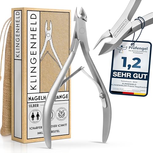 KLINGENHELD Präzise Nagelhautzange - Sehr leichtgängig & extra scharf - inkl. Reisebeutel aus Baumwolle 100% plastikfrei & nachhaltig - Nagelhautschere Nagelhautschneider