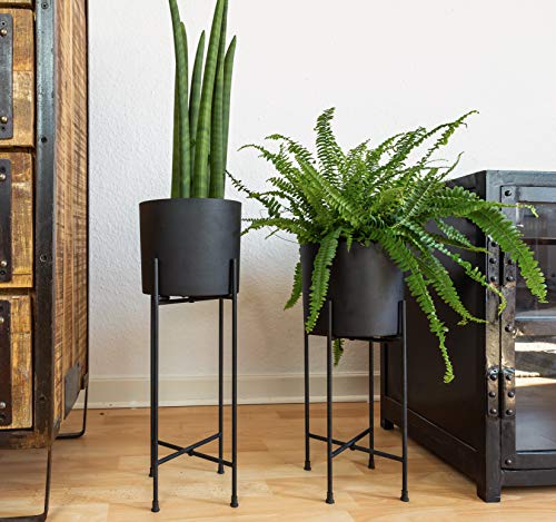Kimisty Set 2 Modern Mid Century Black Planters With Stand, 7 Inch Metal Planter Pots With Stands, Flower Pot Living Room Decor For Orchid, Aloe, Large Cactus Plants, 16 And 20 Inch Tall #TOP4