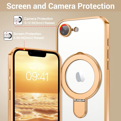 Image of GUAGUA for iPhone 16e Case with Stand, Magnetic Clear iPhone 16e Cases Plating Edge Invisible Ring Holder Slim Shockproof Protective Kickstand Phone Cover for Phone 16e 6.1 inch, Gold