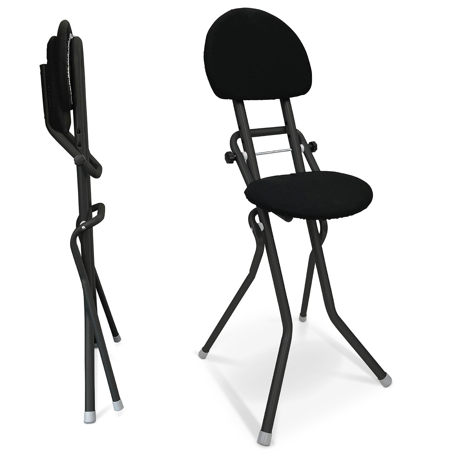 ELONEO Padded Folding Chair – Non-Slip, Cares for the Back, Space Saving Stool, 3 Heights (58-65 cm), Maximum Load 120 kg, 45 x 98 x 47 cm (Black)