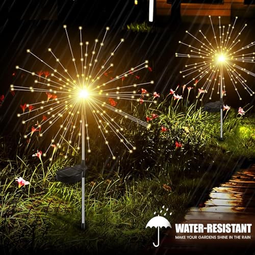 Image of GIGALUMI Outdoor 90 LEDs Solar Firework Light 2 Lightning Modes Starburst Design Water Resistant Garden StringLights for Party Decor Patio Lawn Yard (Warm Yellow, Pack of 1)