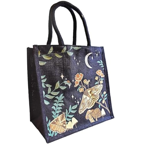 Image of Shared Earth Jute Tote Bag Moth Print 30 x 30 x 20 cm | Shopping Bag with Padded Handles | Reusable Grocery, Beach, Travel Bag for Women Eco Friendly