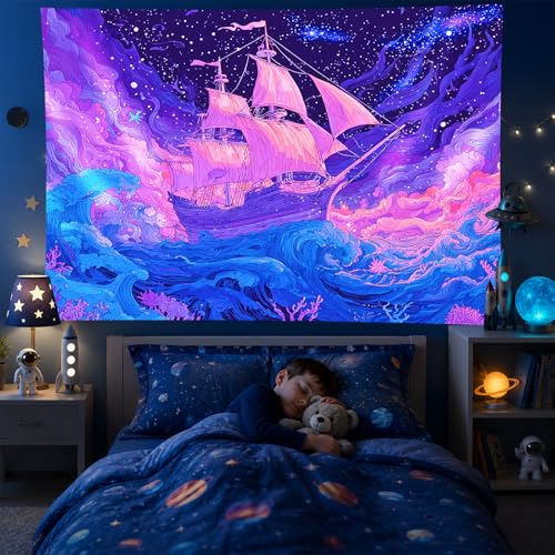 Image of BlissYard Psychedelic Ocean Ship Black Light Tapestry UV Reactive Trippy Sea Wave Wall Hanging 78x59 Inch Neon Sailing Scene Starry Sky Decor For Bedroom Living Room Dorm Party Decoration