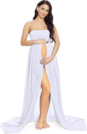 ZIUMUDY Maternity Chiffon Strapless Maxi Photography Dress Split Front Gown for Photoshoot
