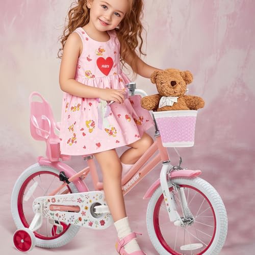 Image of ACEGER Girls Bike with Basket for Ages 2-12 Years Old Kids, 12 14 16 18 Inch with Training Wheels，Princess Style with Streamers, Handbrake & Coaster Brake,Multiple Colors.