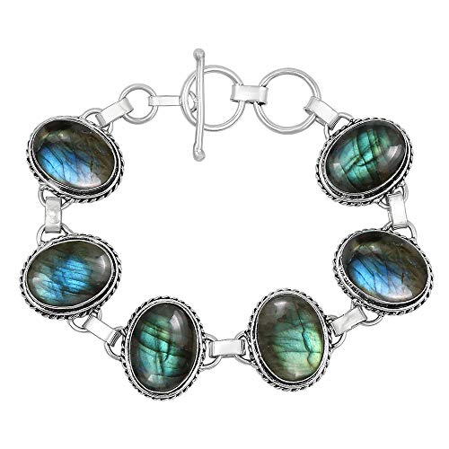 Natural Gemstones 925 Silver Plated Light Weight Trendy Statement Women's Jewelry Bracelets - Vintage Style Birthstone Oval Shape Stones Handmade Adjustable Link Bracelet - Gifts for Her