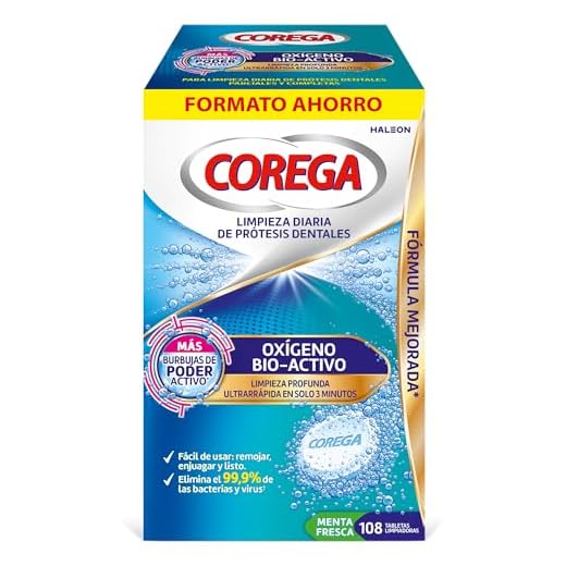 Corega Oxígeno Bio-Activo, Tabletas Limpiadoras Para Prótesis Dentales, Eliminación de Olores y Bacterias Mantenimiento y Cuidado Bucal Avanzado, Solución de Limpieza en 3 Minutos Pack de 108 Tabletas