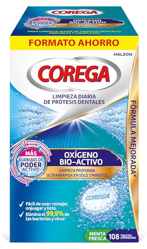 Corega Oxígeno Bio-Activo, Tabletas Limpiadoras Para Prótesis Dentales, Eliminación de Olores y Bacterias, Mantenimiento y Cuidado Bucal Avanzado, Limpieza en 3 Minutos, Pack 108 Tabletas