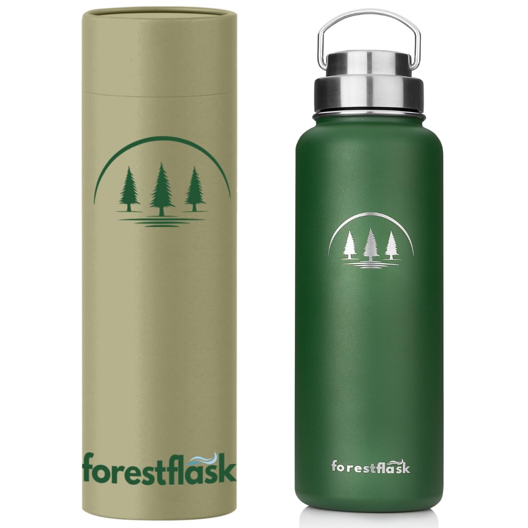 40 oz Insulated Water Bottle - Stainless Steel Metal - Large wide mouth, Leak Proof BPA-Free, Forest Green