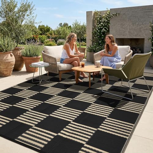 Garvee Waterproof Outdoor Rug 10x20 Checkered Foldable Plastic Straw Patio Camping Rug Outdoor RV Carpet for Deck Camper Porch Balcony Backyard Picnic Beach Black and Brown