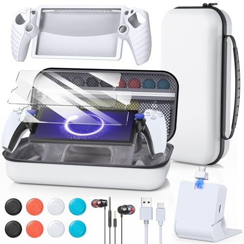 Image of FYOUNG Accessories Kit for PlayStation Portal, Carrying Case Bundle and Magnetic Portable Charger for PS5 Portal with Protective Case, 2 Screen Protectors, Wired Headphone, 8 Thumb Grips (White)