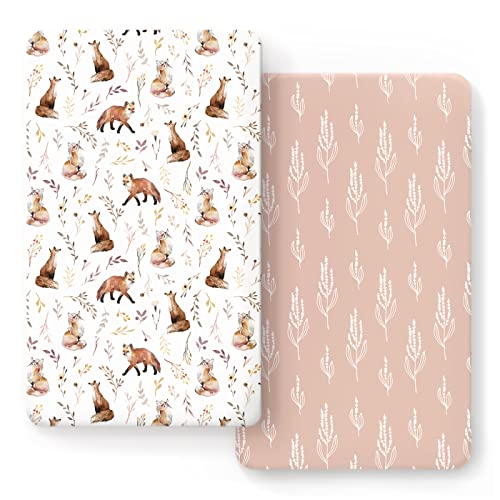 Image of Stretch Ultra Soft Jersey Knit Fitted Crib Sheets Set 2 Pack，Fits All Standard Crib Mattress Pads Safe and Snug, Crib Fitted Sheet for Baby, Pretty Fox for Girls
