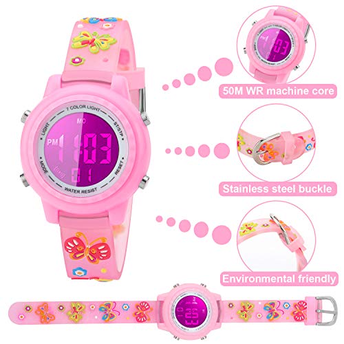 Kids Watch for Boys Girls Butterfly 3D Cute Cartoon Toddler Watch Digital Silicone Band Alarm Stopwatch Digital Child Wristwatch 50M Waterproof Pink2
