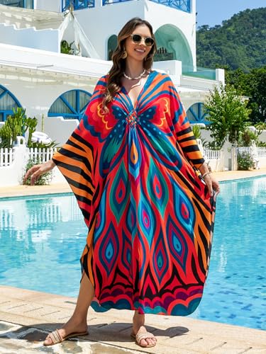 Image of IMAGEKOPE Women's Plus Size Animal Print V-Neck Batwing Kaftan Beach Dress Bathing Suit Cover-Up Loungewear