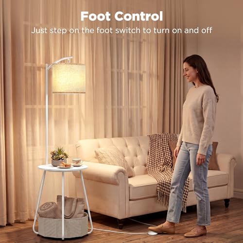 Image of LUTEC Floor Lamp with Table, Night Stand with Lamp, Round SideTable with Fabric Basket, 3 Color Temperatures 9W LED Bulb, Modern End Table for Bedroom, Living Room, White