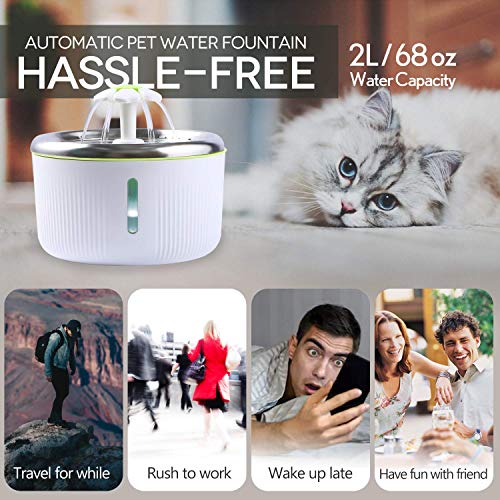 lesotc Cat Fountain Stainless Steel 68oz/2L Pet Water Fountain Ultra Quiet 2 Ways to Drink Dog Water Fountain Automatic Drinking Cat Water Dispenser Dog Fountain LED Light with 2 Replacement Filters - Thumbnail 5