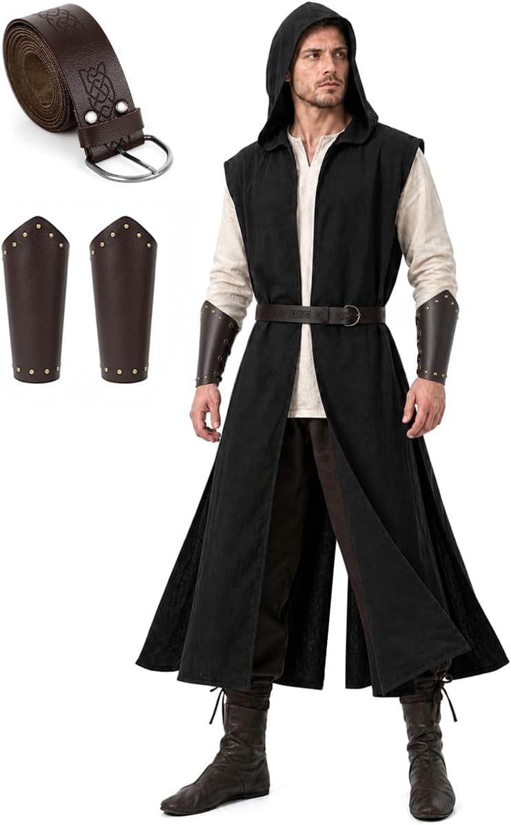HOMELEX Men's Renaissance Costume 3 Piece Medieval Hooded Surcoat LARP Set