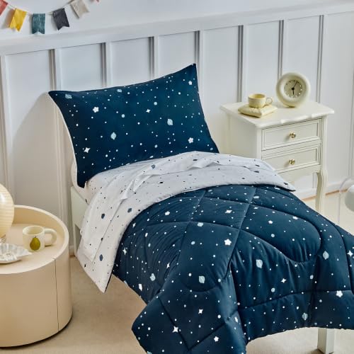 Image of DuShow Star 4 Pieces Boys Toddler Bed Comforter Set Dark Blue Reversible Toddler Bedding Set Soft Baby Crib Bed Sheets Set in a Bag | Include Quilt Comforter,Flat Sheet,Fitted Sheet,Pillowcase