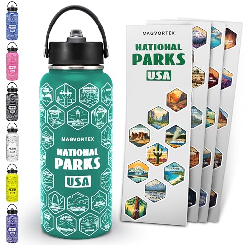 National Parks Green Water Bottle with Durable Stickers 32oz Insulated Stainless Steel Water Bottle with Spout Lid Insulated for Cold and Hot Drinks Metal Bottle for Gym Hiking Camping