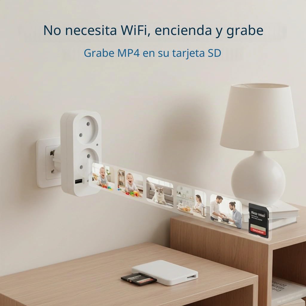 Cámara de enchufe multifuncional, 1080P HD, enchufe europeo,USB,Conexión WiFi/Punto de acceso AP, Visualización remota por aplicación, Monitor de interior para mascotas