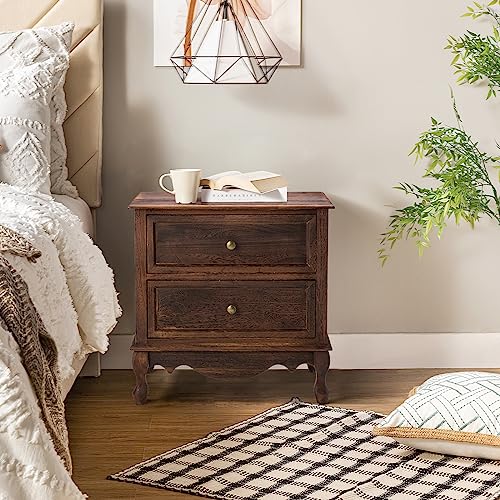 Hulala Home Wood Nightstands Set Of 2 With Charging Station Space, Bedside Tables 2 Drawer Dressers With Drawer And Wooden Legs, French Storages End Tables For Bedroom Living Room,Walnut thumb #6