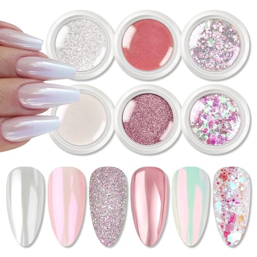 Born Pretty Pink Chrome Nail Powder Metallic Mirror Glitter Sequins Holographic Aurora Pigment Powder Manicure Nail Art Decoration Sets 6 Boxes