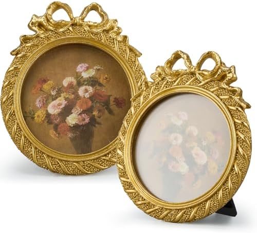 Chunful 1 Pcs Vintage Gold Bow Picture Frames 3.5x3.5 Inch Round ...