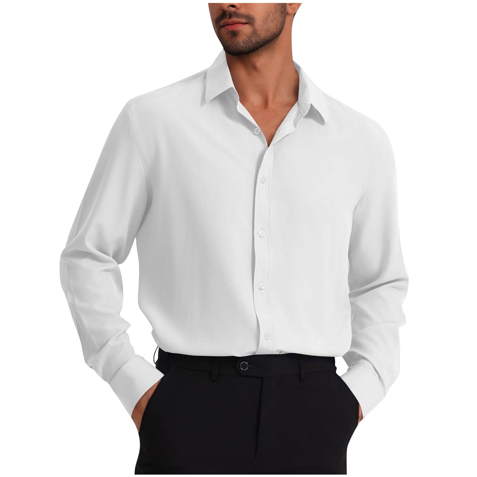 Stretch Mens Dress Shirts Solid Wrinkle-Free Long Sleeve Button Down Shirt Regular Fit Formal Shirts Business Casual