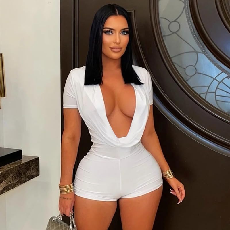 Image of Molilove Sexy Romper for Women Short Sleeve Deep V Neck Bodycon Short Jumpsuit One Piece Y2K Party Clubwear