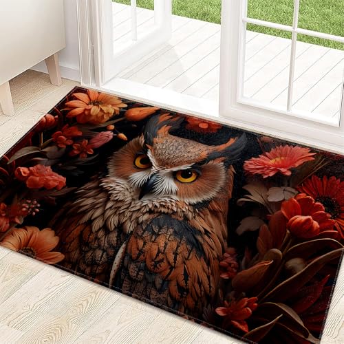 Image of ainori Owl Retro Indoor Door Mat 29.5x17in,Non Slip Backing Flower Bird Vintage Floor Mat,Non Woven Entryway Rug,Welcome Mats Decor,for Entrance Inside Porch Bedroom Kitchen,Doormats Gifts