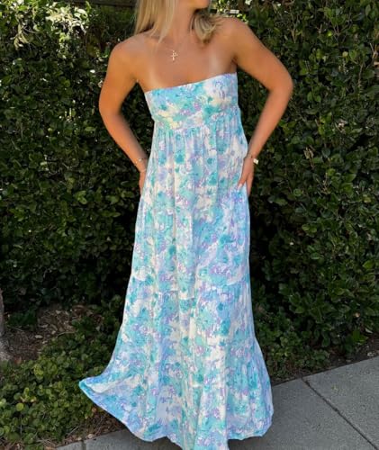Women Floral Print Maxi Tube Dress Strapless Flowy Long Bandeau Dress Y2K Open Back Sundress Summer Beachwear2