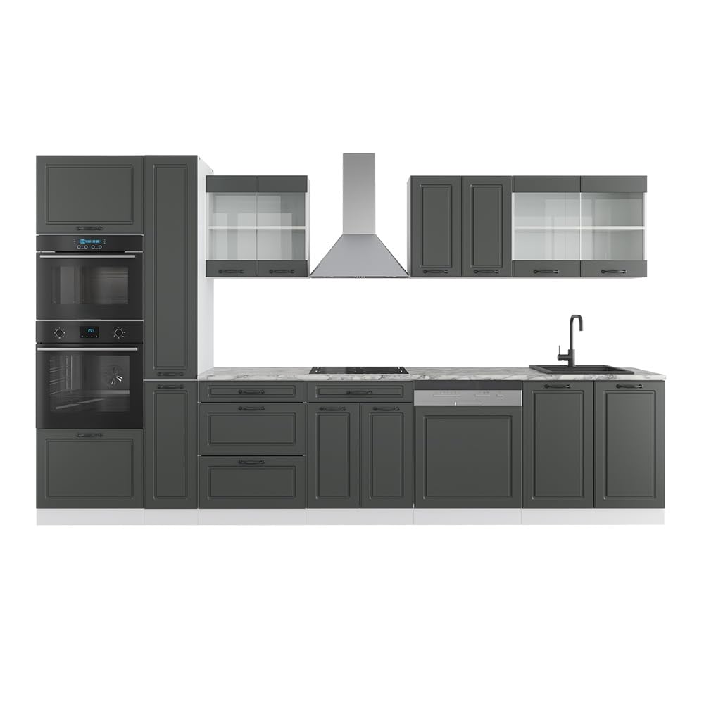 Vicco Küchenzeile R-Line, Anthrazit Landhaus/Weiß, 350 cm | mit Hochschrank, ohne Arbeitsplatte, zur individuellen Anordnung und Erweiterung geeignet