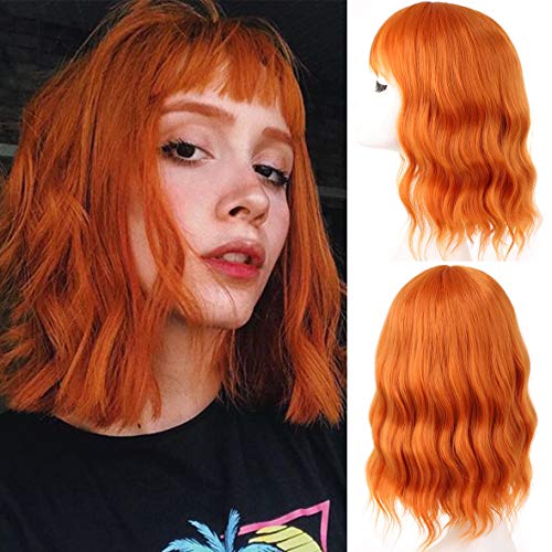 Leeven Courte Perruque Femme Orange 14 Pouces Synthétique Perruque Bob avec Frange Naturelle Bouclée Perruques pour Femme Cosplay Wig with Bangs /Orange