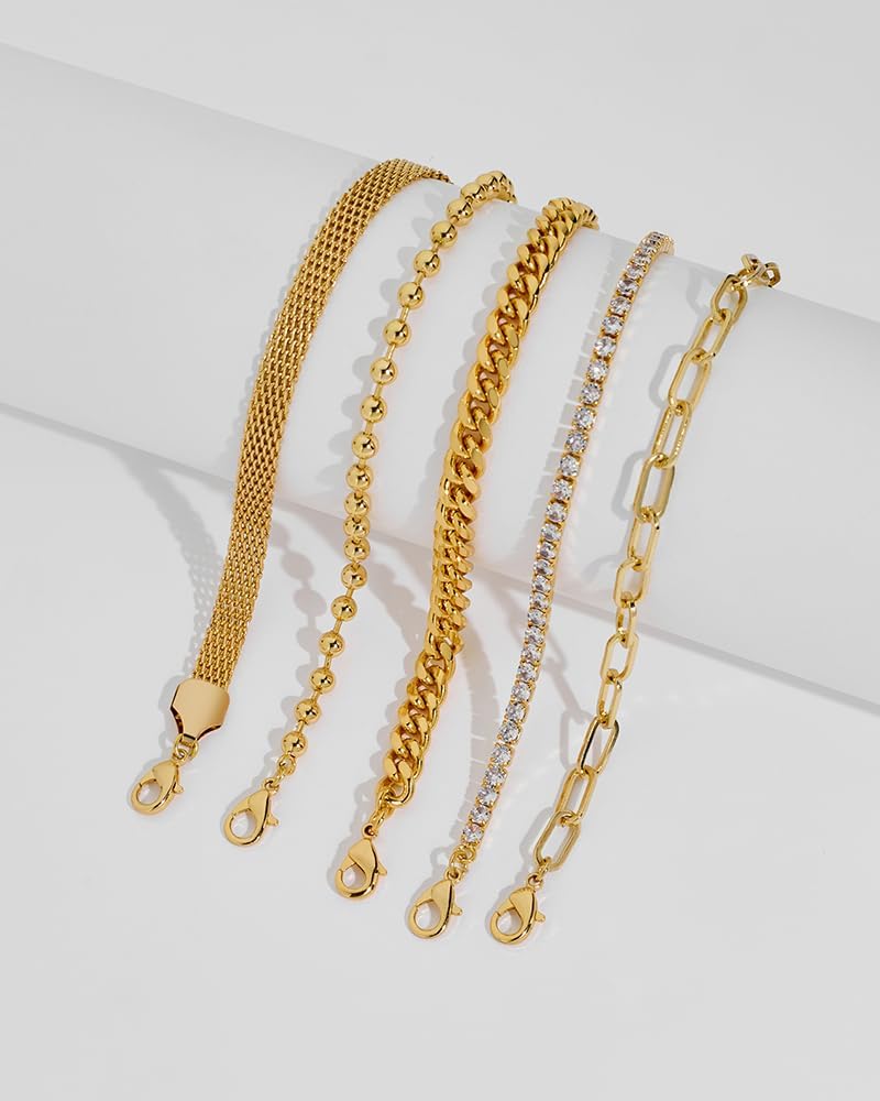 Gold Bracelets Stack for Women 5pcs Beaded Paperclip Cuban Rhinestone Snake Chain Bracelet Dainty Gold Bracelets Set - Image 4