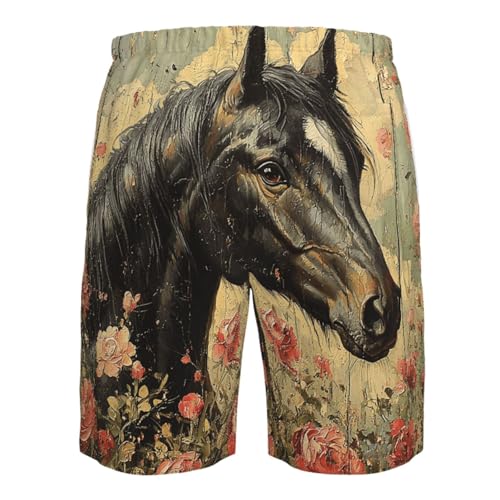 Men's Swim Trunks Beach Board Shorts Swimming Quick Dry - Funny Horse Floral Vintage4