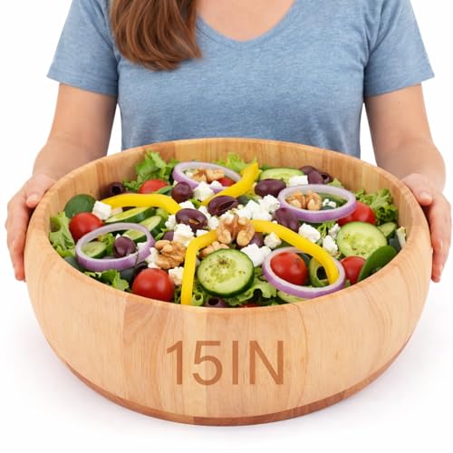 Yiyiring 15 x 5 Inch Exra Large Wood Salad Bowl Wide Large Wood Bowl for Mixing Salad Cut Fruits Pasta Snacks Food Dishes Restaurant Kitchen Countertop Decorative Handcrafted Home Wedding Party