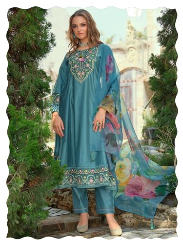 Image of INDO ERA Women's A-Line Cotton Blend Floral Embroidered Kurta & Pant With Dupatta Set (IEOUT11375)