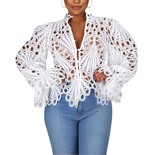 Womens Sexy Lace Long Sleeve Ruffled Tops Cute Puff Flare Blouses V Neck Hollow Out Button Down Shirt Tunic