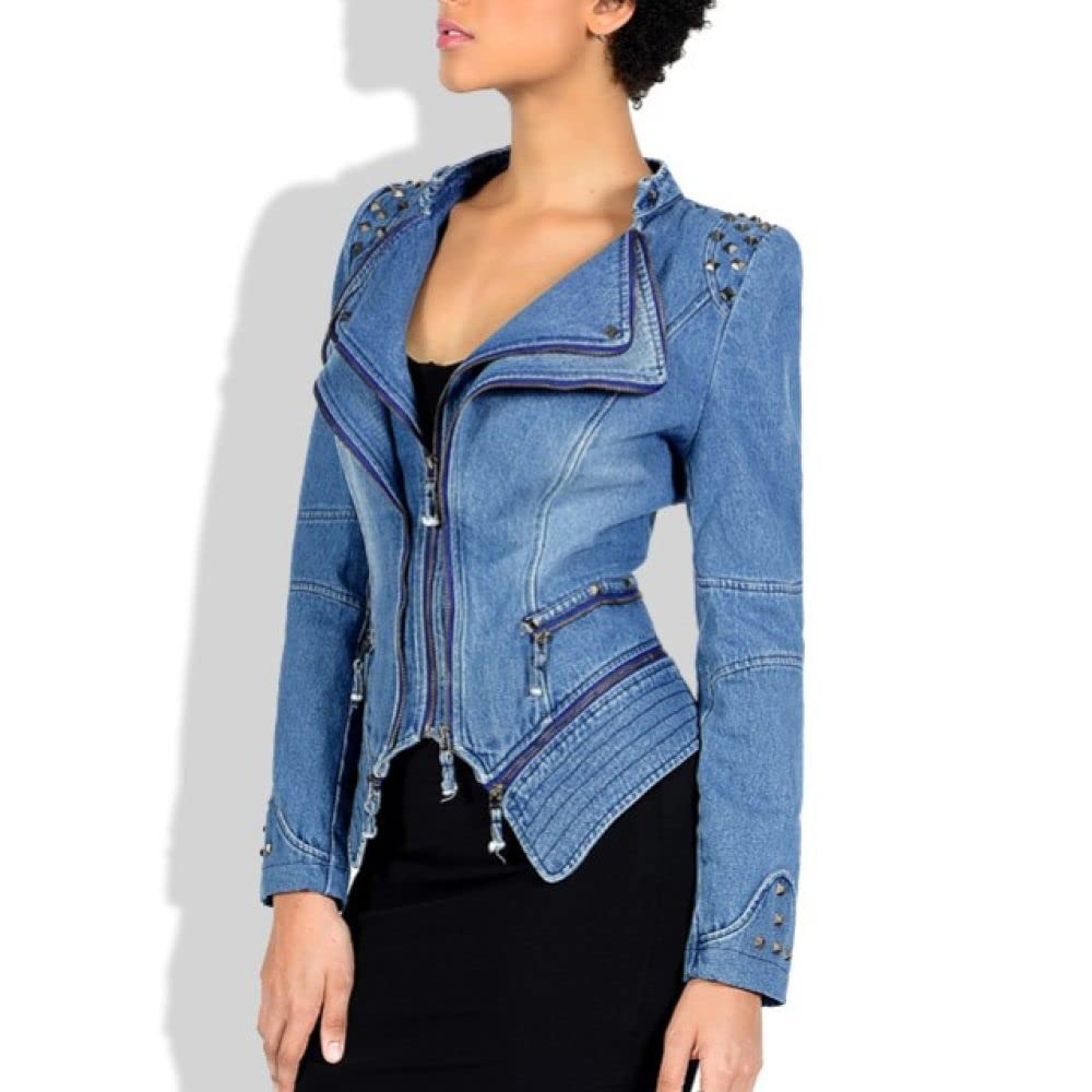 TOMPPYDenim Jacket, Women'S Denim Jacket Fashion Slim Long Sleeve Zipper Lapel Jean Biker Coat Vintage Distressed Splicing Short Shrug Denim Coat Punk Stud Embellished Outwear Streetwear,Blue,L