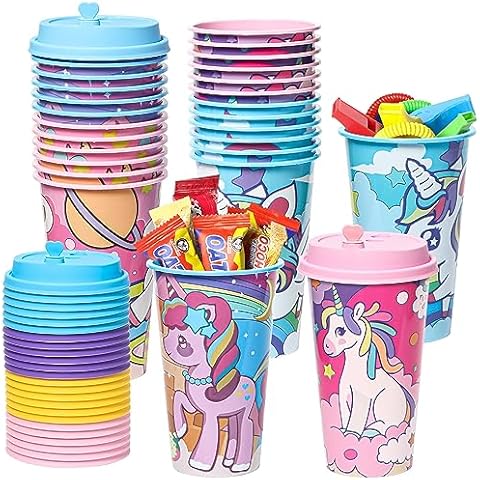 FZR Legend Unicorn Party Favors Goodie Cups, 24 Pack Birthday Party Cups in 4 Colors, 16OZ Reusable Rainbow Plastic Party Supplies Decorations Cups with Lids Plugs for Girls Kids Boys Cover