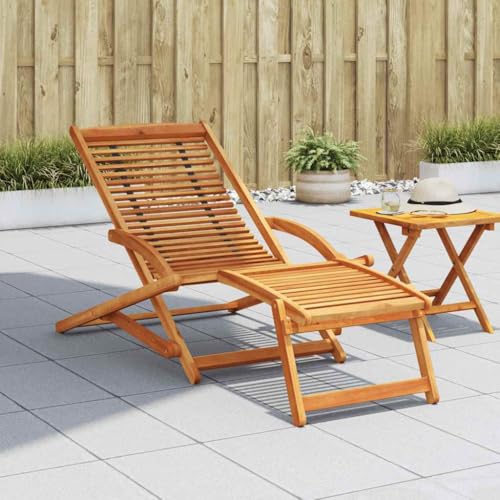 Drainlyn Tumbona con reposapiés de madera maciza de acacia, plegable, ergonómica, resistente a la intemperie, para jardín, terraza, balcón, tumbona de relajación, plegable, ahorra espacio, para