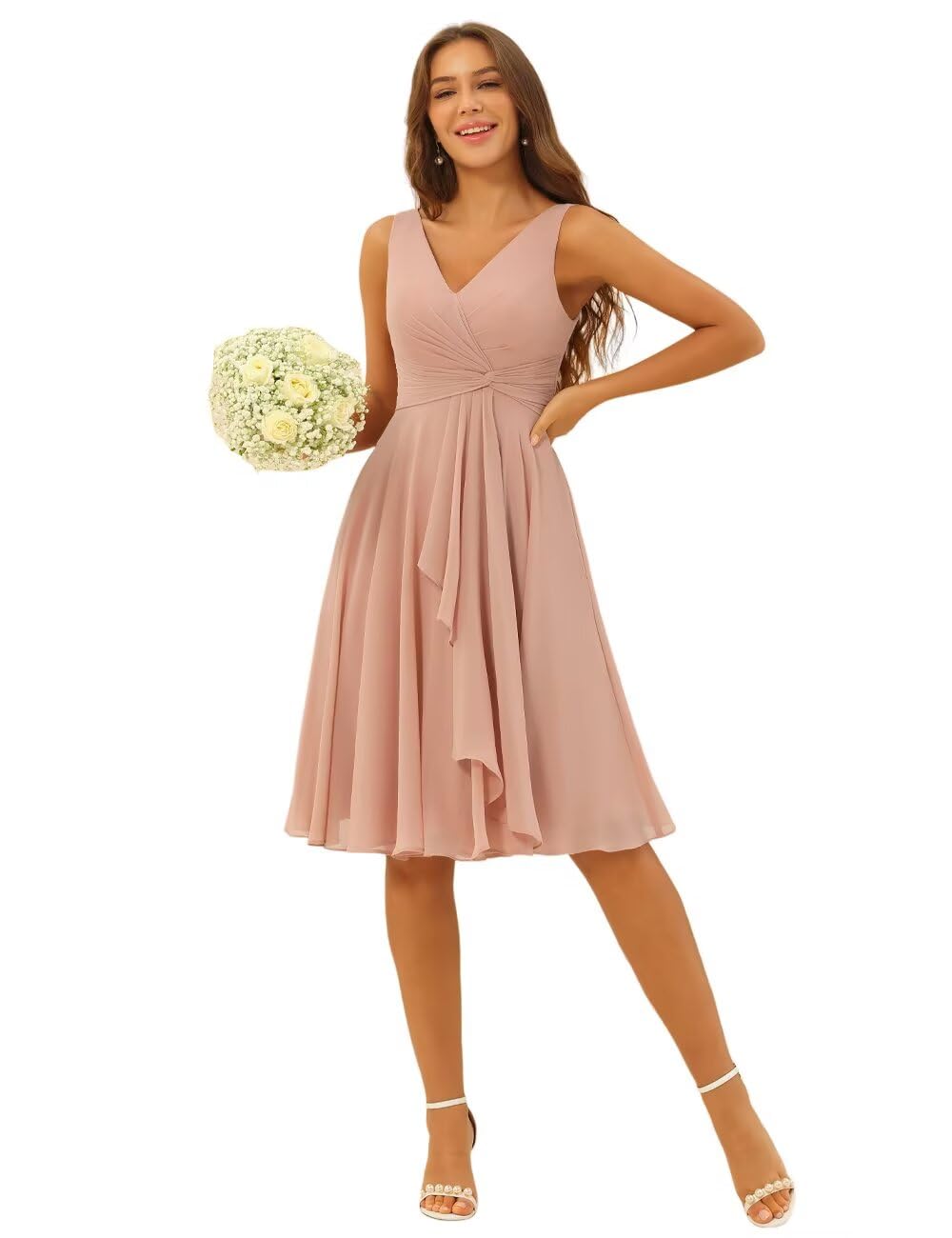 RSOETOO Women’s Double V Neck Short Bridesmaid Dresses 2026 Ruched Waist A Line Chiffon Formal Cocktail Party Dress RON060