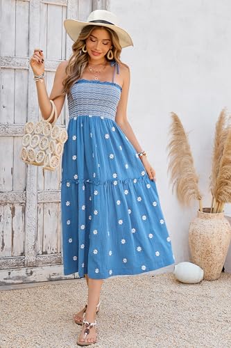 Image of R.Vivimos Womens Summer Cotton Boho Midi Dress 2026 Spaghetti Strap Floral Embroidered Smocked Tiered Flowy Long Dresses