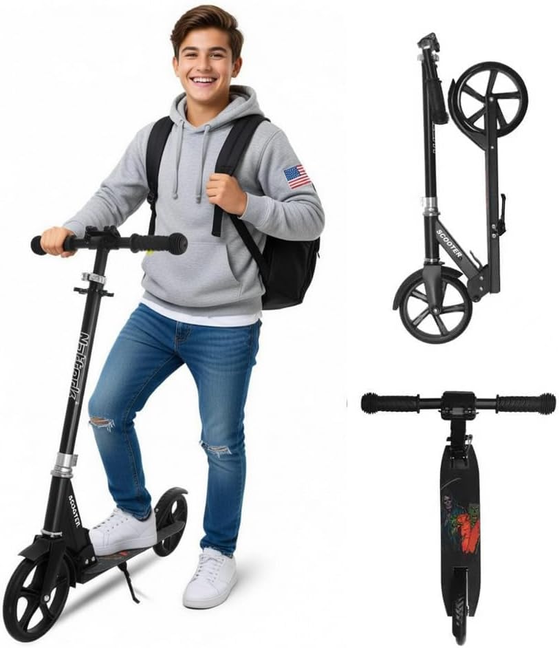 Nattork Scooter for Kids 6+, Teens and Adults- Adjustable Height Folding Kick Scooter with Large Sturdy Wheels for a Smooth Ride, Lightweight, Anti-Shock Suspension for Boys and Girls