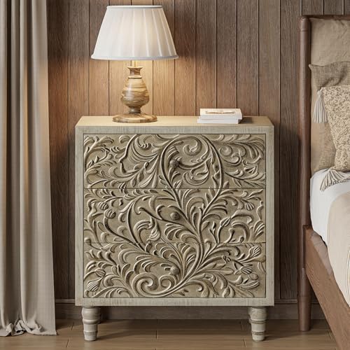 LONYKE 3 Drawer Farmhouse Dresser with Embossed Weathered Flower Motif, Vintage Nightstand for Bedroom, Almost Fully-Assembled, Boho, Weathered White