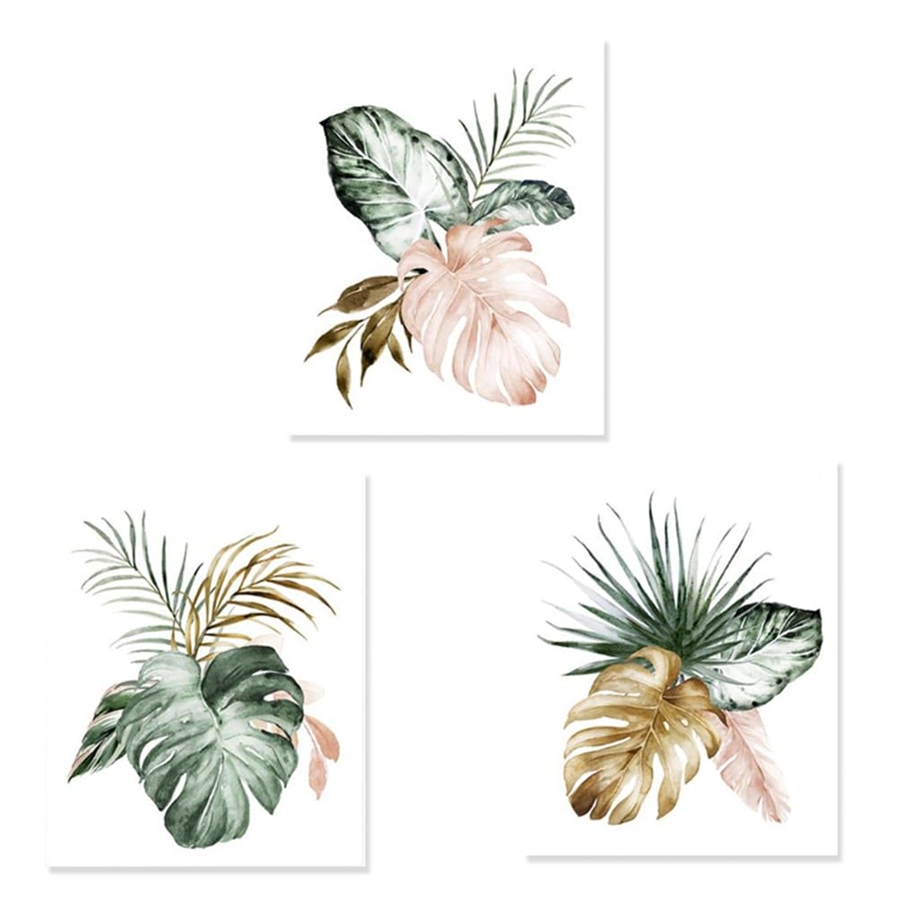 SOBMQ Pictures-Tropical Botanical Green Plant Leaves Gold Floral Wall Art Canvas Paintings Pictures Poster and Print For Living Room Office Home Decoration-50 * 60cm-3PCS (No Frame)