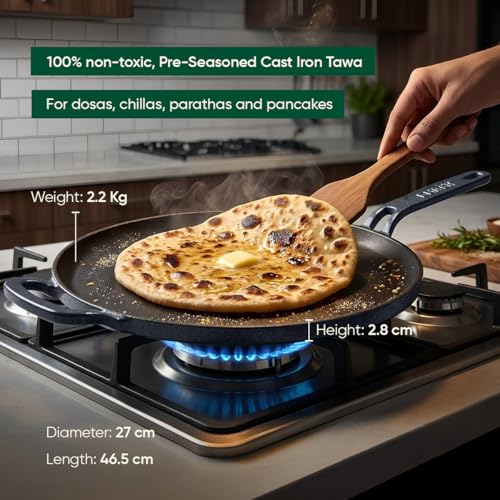 Image of Ember Cookware Pre-Seasoned Cast Iron Tawa for Dosa & Roti 27 cm | 10-Year Warranty | 30% Lighter, Non Stick Induction Cookware | Non Stick Dosa Tawa | Heavy Duty Cookware | Blue