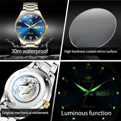 Image of OLEVS Automatic Watches for Men Self Winding Mechanical Classic Diamond Business Luxury Dress Stainless Steel Waterproof Calendar Mens Watch