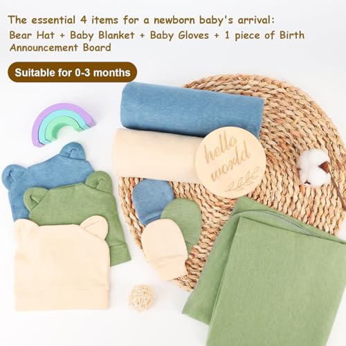 Image of BQUBO 3 Sets Cotton Baby Swaddle Blankets Swaddling Wrap with Hats Mittens Newborn Soft Silky Nursery Receiving Blanket Cute Bear Ears Hat Elastic Gloves Set for Unisex Baby 0-3 Months